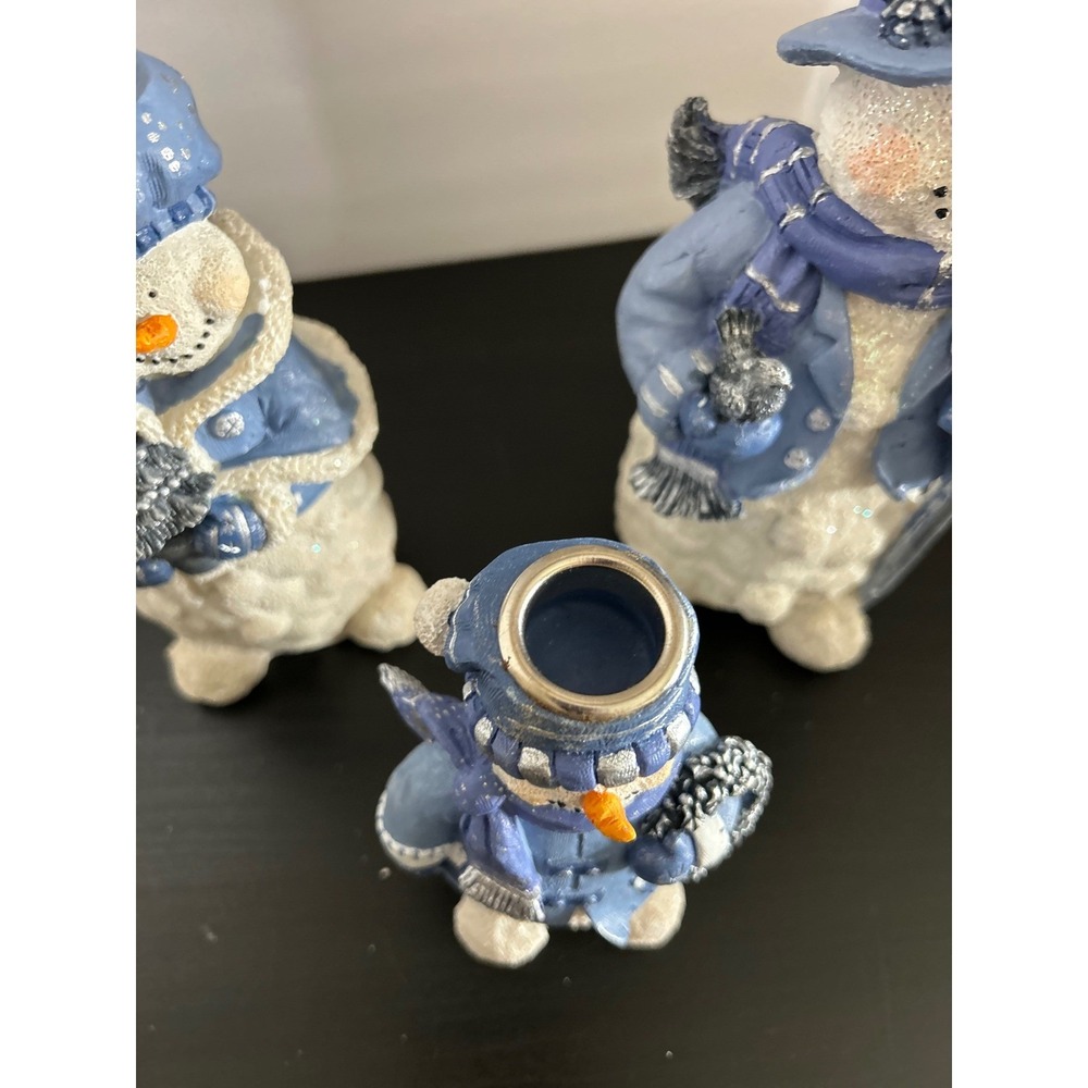 Candle Holder Set Christmas Blue Snowman Resin Taper Trio Collectible Decor New - Picture 4 of 7